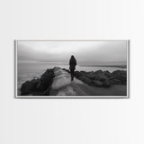 Woman Walking, Jetty View, Seaside Mood, Solitude Moment, Framed Canvas Print, Moody Wall Art, Bedroom Meditation Decor, Boho Decor