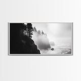 Foggy Cliff Coast, Ocean Pines Landscape, Moody Nature Art, Misty Seascape Scene, Framed Canvas Print, Living Room Wall Art, Fall Decor