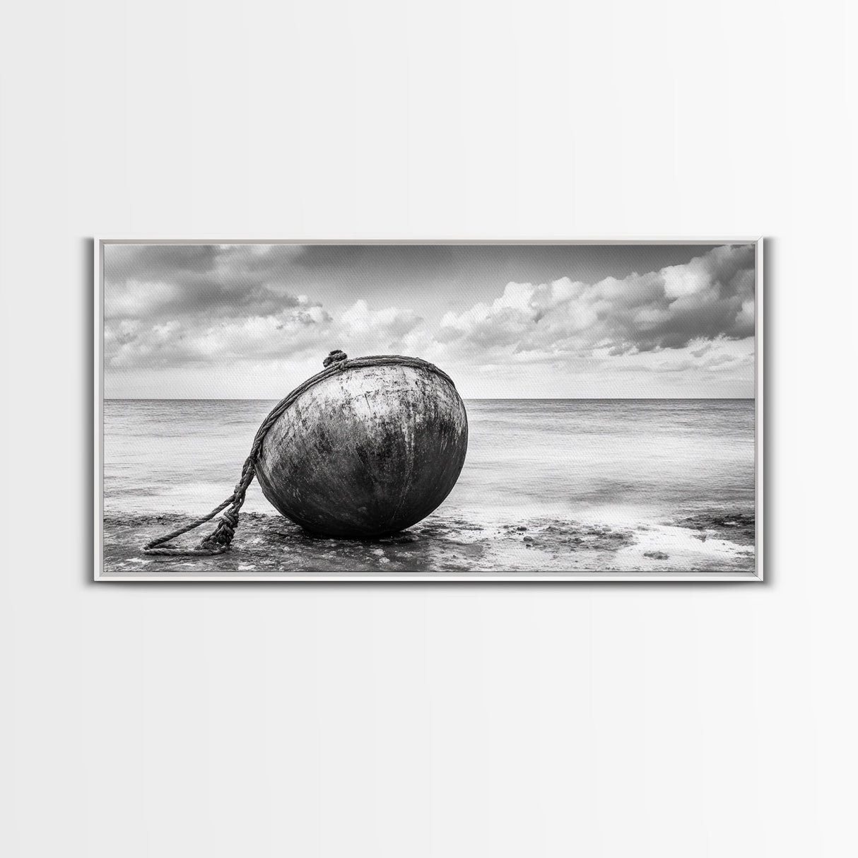 Weathered Buoy, Nautical Rope, Coastal Still Life, Beach Found Object, Framed Canvas Print, Beach House Art, Bathroom Wall Decor