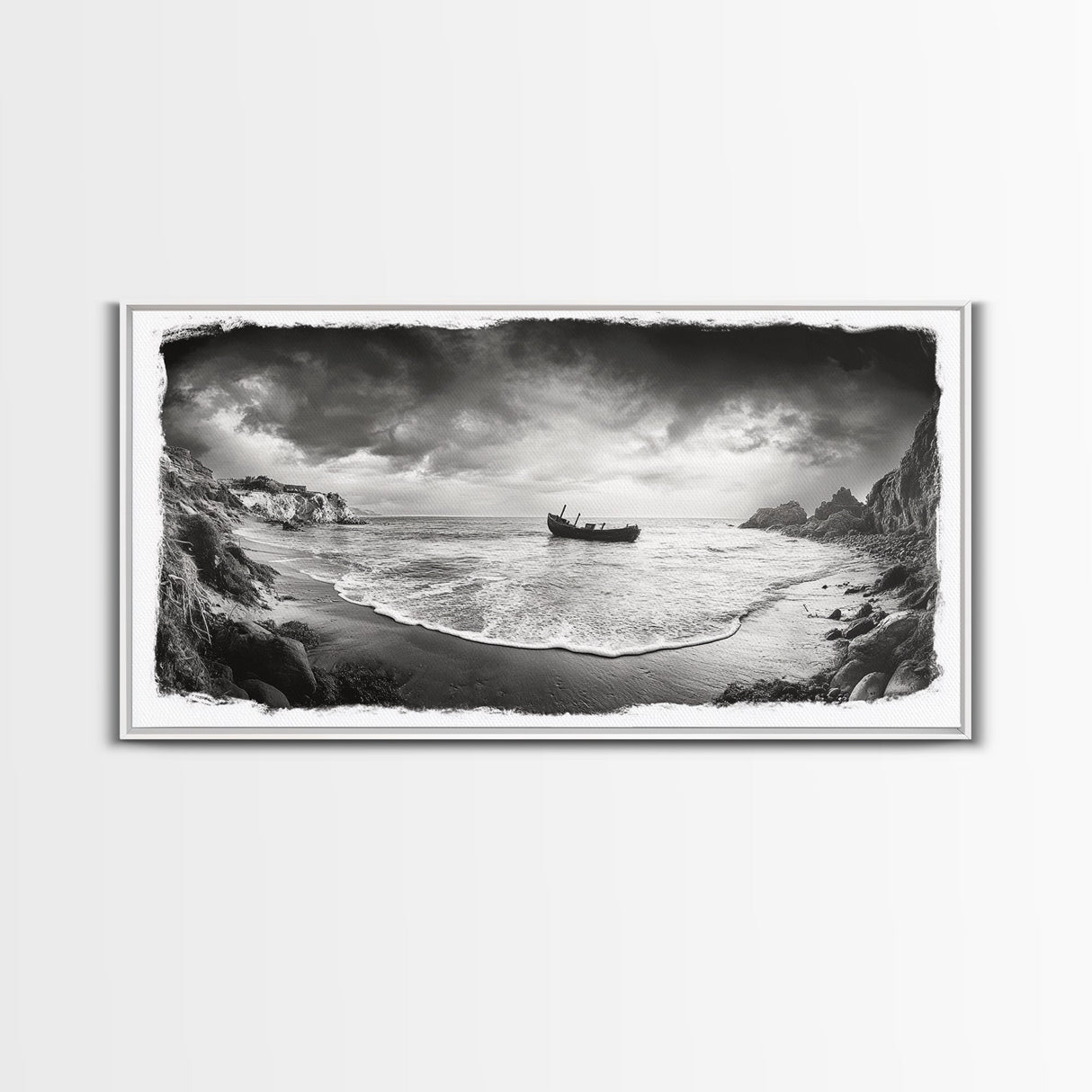 Shipwreck Beach Scene, Dramatic Coastline, Black and White Decor, Framed Canvas Print, Moody Art, Coastal Wall Art, Rustic Bedroom Print
