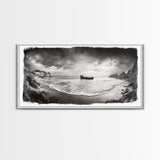 Shipwreck Beach Scene, Dramatic Coastline, Black and White Decor, Framed Canvas Print, Moody Art, Coastal Wall Art, Rustic Bedroom Print