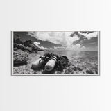 Dive Gear Shoreline, Ocean Exploration Scene, Black and White Adventure Art, Canvas Print, Nautical Decor, Man Cave Wall Art, Nautical Wall Art