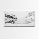 Snowy Cliff Reflection, Winter River Scene, Black and White Nature, Framed Canvas Print, Minimalist Wall Art, Neutral Winter Decor