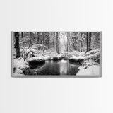 Winter Forest Creek, Snow Covered Trees, Black and White Tranquil Art, Canvas Print, Holiday Wall Art, Nature Lover Gift, Cozy Vibe