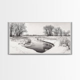 Frozen Stream Scene, Bare Trees Landscape, Black and White Nature Decor, Canvas Print, Winter Wall Art, Neutral Bedroom Accent