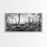 Burnt Forest, Moody Trees, Coastal Landscape, Nature Scene, Framed Canvas Print, Rustic Wall Art, Boho Decor, Fall Home Aesthetic