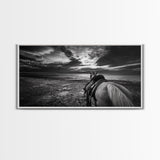 Horseback Beach, Sunset Ride, Equestrian Art, Moody Horizon Scene, Canvas Print, Cowboy Country Decor, Rustic Living Room Wall Art