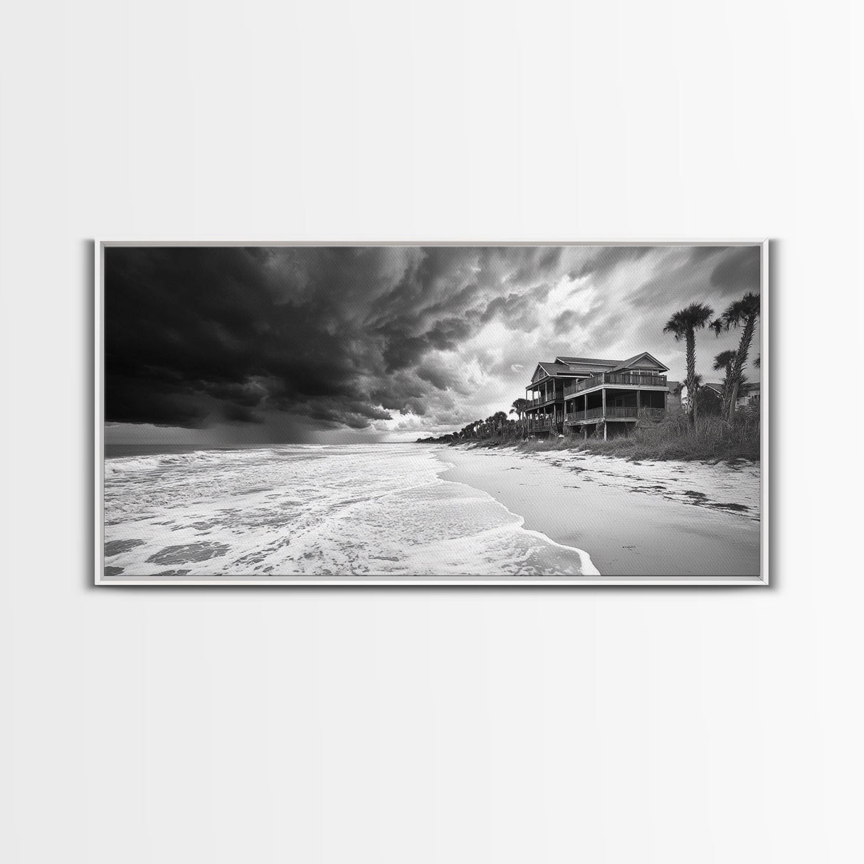 Stormy Beach House, Coastal Decor, Monochrome Photography, Beachfront Scene, Canvas Print, Moody Ocean Wall Art, Bedroom Coastal Wall Decor