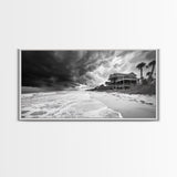 Stormy Beach House, Coastal Decor, Monochrome Photography, Beachfront Scene, Canvas Print, Moody Ocean Wall Art, Bedroom Coastal Wall Decor