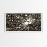 Enchanted Forest Light, Tree Shadows, Nature Landscape, Framed Canvas Print, Rustic Wall Art, Entryway Woodland Decor, Boho Forest Print