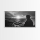 Man Watching Sea, Stormy Ocean View, Emotional Scene, Canvas Print, Moody Coastal Decor, Office Wall Art, Nautical Monochrome Style