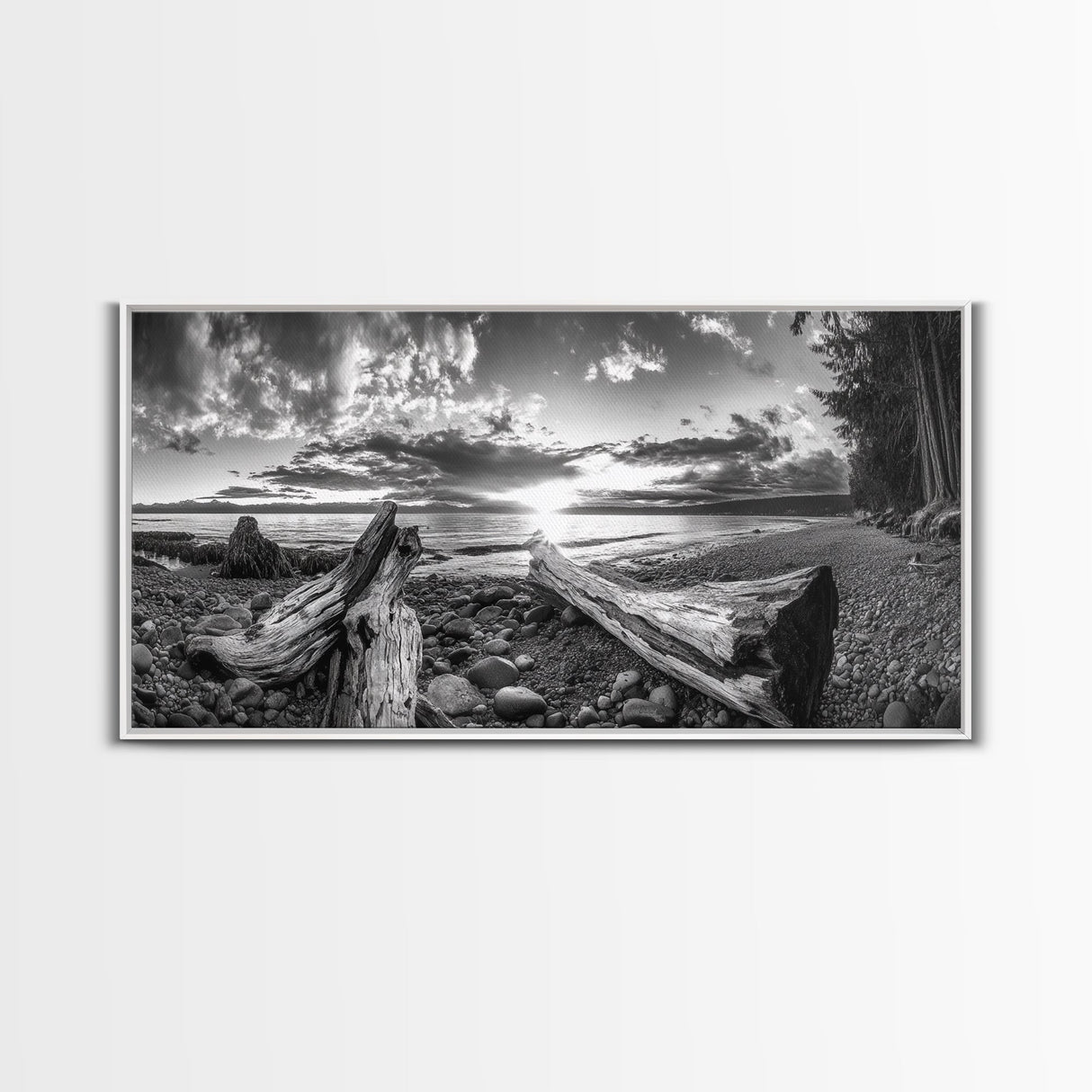 Driftwood Coastline, Rocky Beach Sunset, Nature Wall Art, Framed Canvas Print, Rustic Lake House Decor, Fall Coastal Aesthetic
