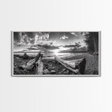 Driftwood Coastline, Rocky Beach Sunset, Nature Wall Art, Framed Canvas Print, Rustic Lake House Decor, Fall Coastal Aesthetic