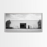 Surfboards, Beach Garage, Modern Coastal, Ocean Style, Framed Canvas Print, surf shack decor, teen room wall art, minimalist beach art