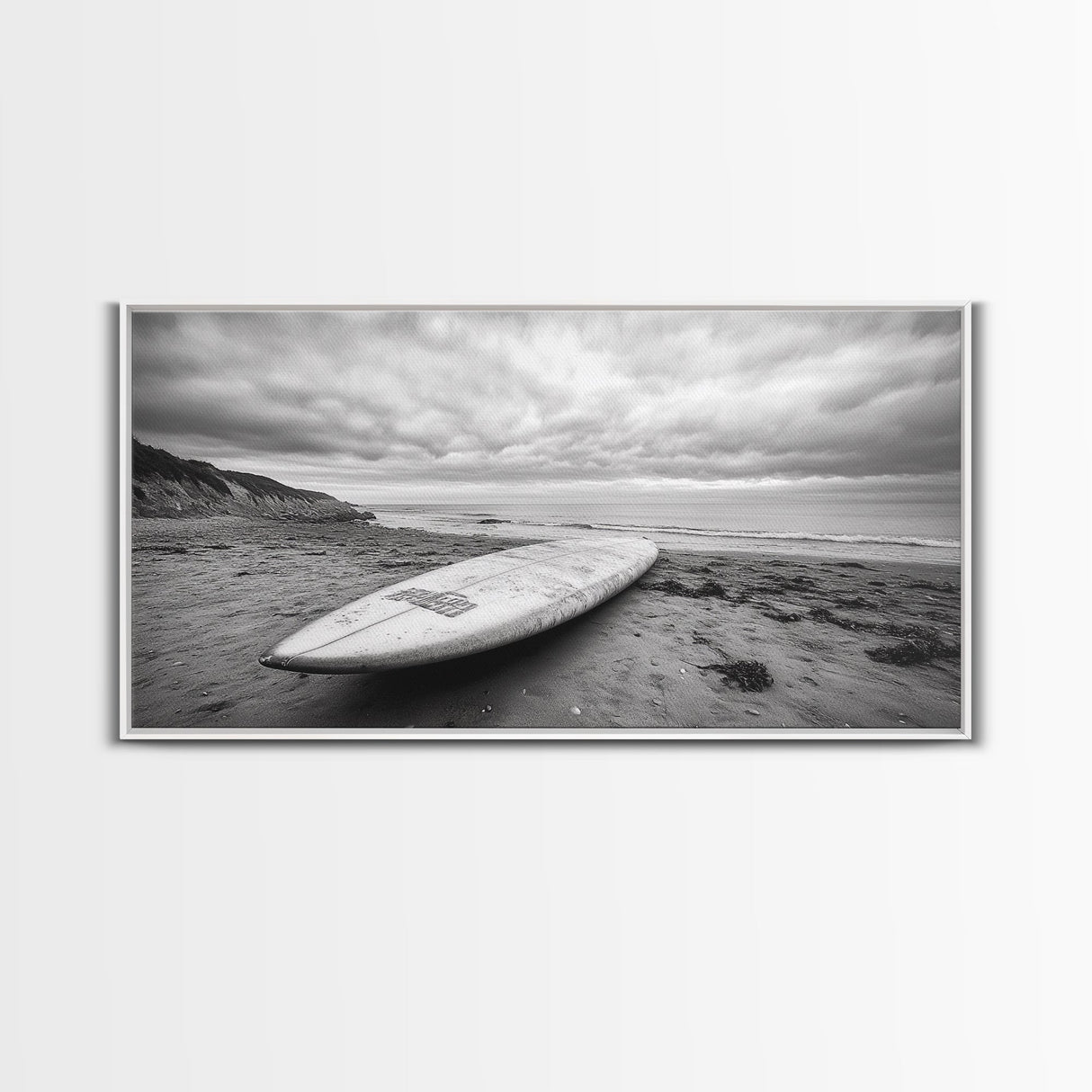 Surfboard, Coastal Shore, Serene Beach, Cloudy Sky, Framed Canvas Print, surfer room decor, rustic beach wall art, neutral home style