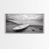 Surfboard, Coastal Shore, Serene Beach, Cloudy Sky, Framed Canvas Print, surfer room decor, rustic beach wall art, neutral home style