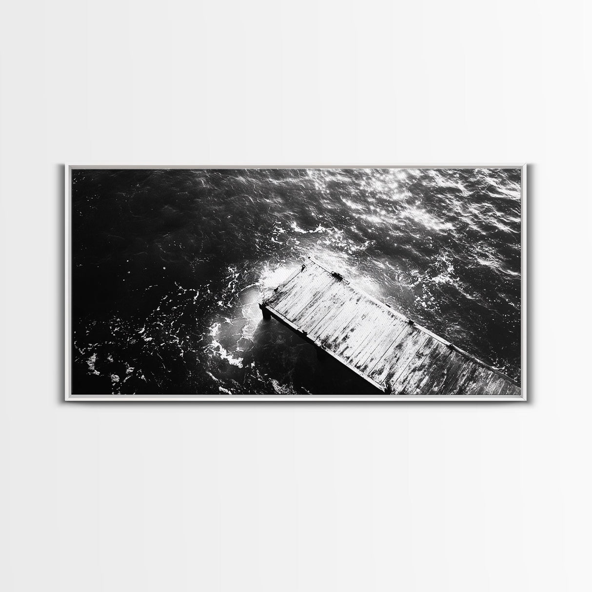 Weathered Dock, Water Reflections, Ocean Edge, Moody Texture, Framed Canvas Print, masculine office decor, minimalist lakehouse art