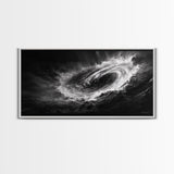 Ocean Vortex, Dramatic Waves, Sea Swirl, Storm Art, Framed Canvas Print, dark abstract art, gaming room decor, black and white power art