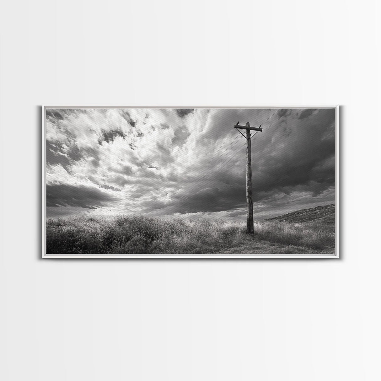 Power Pole, Rural Landscape, Stormy Sky, Country Calm, Framed Canvas Print, farmhouse entryway wall art, rustic black and white print