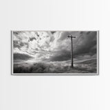 Power Pole, Rural Landscape, Stormy Sky, Country Calm, Framed Canvas Print, farmhouse entryway wall art, rustic black and white print