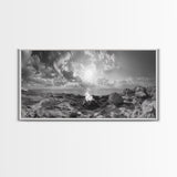 Coastal Campfire, Ocean Sunset, Rocky Shore, Bonfire Glow, Canvas Print, Nature Wall Art, Autumn Cabin Decor, Outdoor Retreat Style
