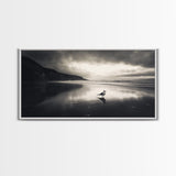 Seagull, Stormy Beach, Reflective Shore, Moody Sky, Framed Canvas Print, coastal bedroom decor, peaceful nature art, minimalist seascape