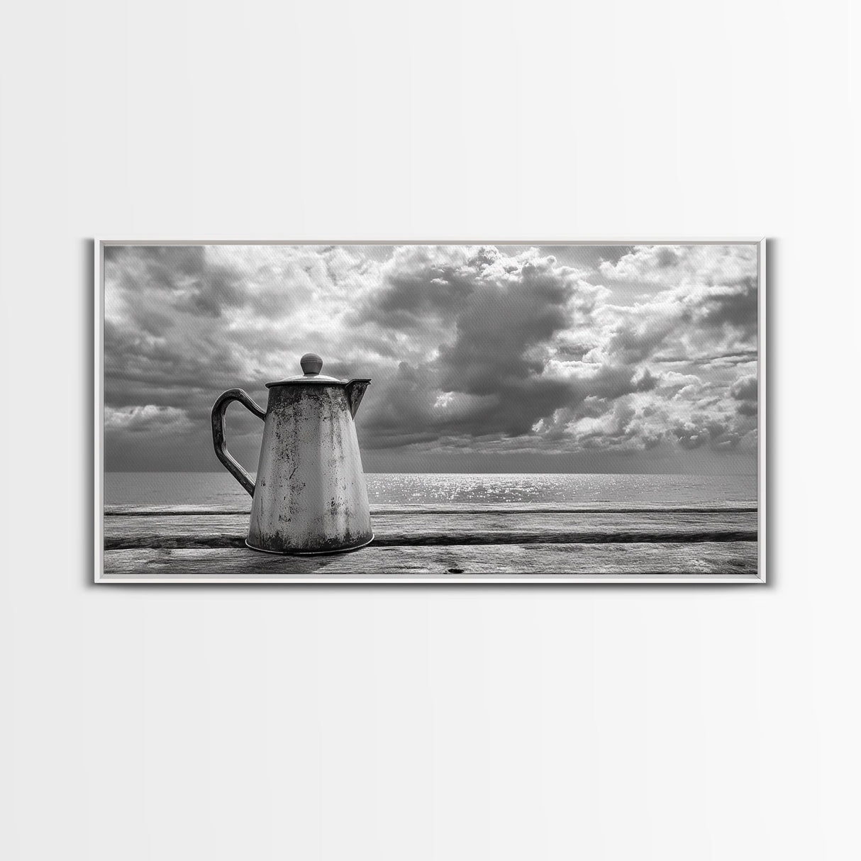 Seaside Coffee Pot, Oceanfront Still Life, Rustic Morning, Framed Canvas Print, Nautical Wall Art, Beach Kitchen Decor, Moody Nature Art