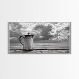 Seaside Coffee Pot, Oceanfront Still Life, Rustic Morning, Framed Canvas Print, Nautical Wall Art, Beach Kitchen Decor, Moody Nature Art