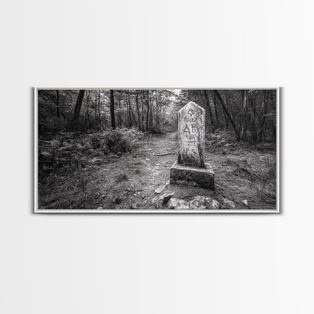 Forest Trail, Stone Marker, Ancient Symbol, Misty Pathway, Framed Canvas Print, cabin decor, woodland art, Autumn wall print, rustic charm