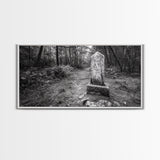 Forest Trail, Stone Marker, Ancient Symbol, Misty Pathway, Framed Canvas Print, cabin decor, woodland art, Autumn wall print, rustic charm