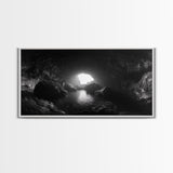 Sea Cave, Dark Ocean Cave, Natural Light Glow, Framed Canvas Print, Moody Nature Art, Living Room Wall Art, Monochrome Coastal Print