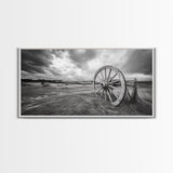 Prairie Wagon Wheel, Western Landscape, Rustic Field, Canvas Print, Country Farmhouse Wall Art, Fall Rustic Decor, Black And White Art