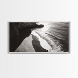Shoreline Light, Coastal Waves, Cliff Shadow, Beach Edge, Framed Canvas Print, Ocean Minimalist Art, Bathroom Wall Decor