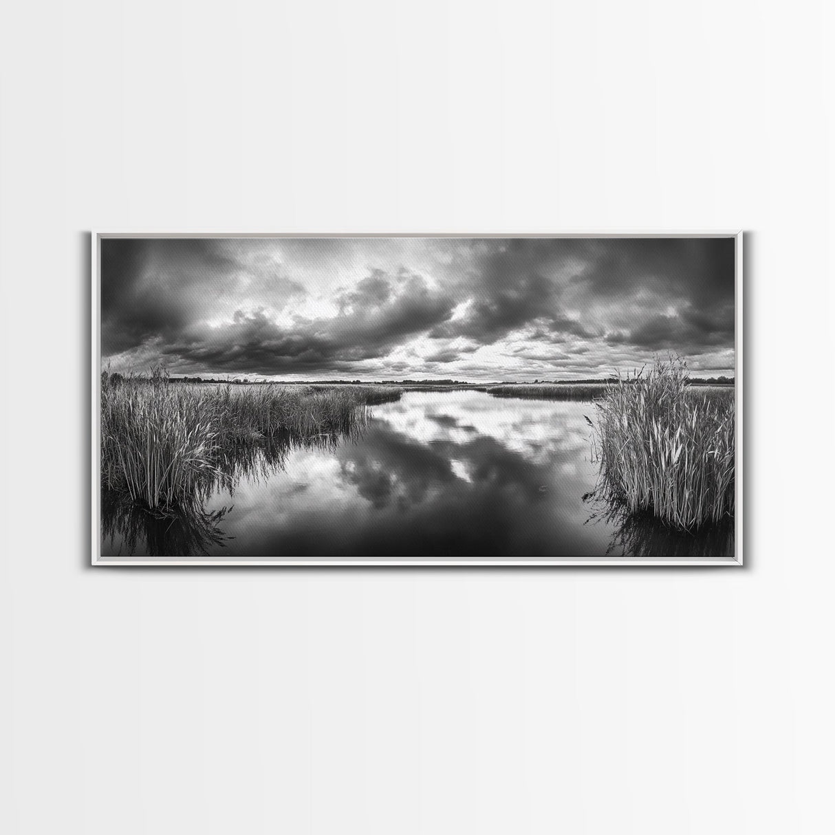 Stormy Marsh, Cloudy Sky, River Reflection, Framed Canvas Print, Nature Wall Art, Moody Landscape, Autumn Decor, Office Or Study Artwork