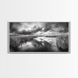 Stormy Marsh, Cloudy Sky, River Reflection, Framed Canvas Print, Nature Wall Art, Moody Landscape, Autumn Decor, Office Or Study Artwork