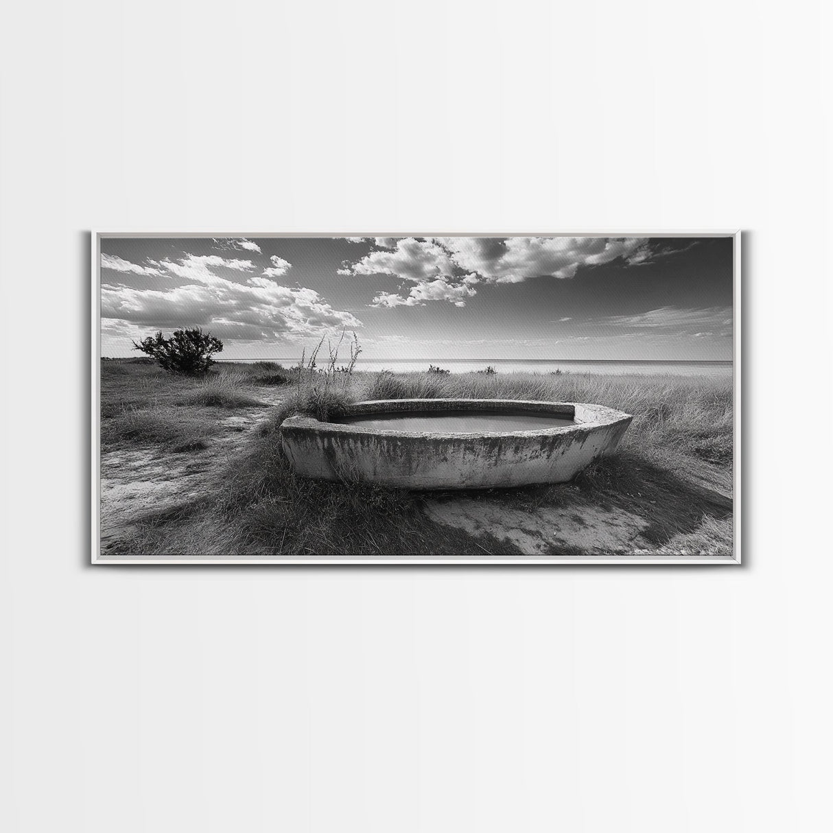 Concrete Trough, Coastal Horizon, Grassy Shoreline, Canvas Print, Rustic Farmhouse Bathroom Art, Minimalist Nature, Fall Beach Wall Decor