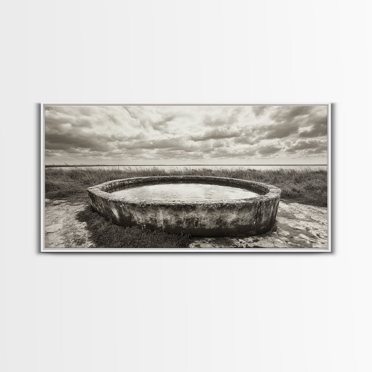 Water Trough, Overcast Skies, Ocean Breeze, Framed Canvas Print, Country Rustic Wall Art, Sepia Toned Fall Decor, Entryway Or Den Art