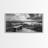 Lakeside Bench, Calm Waters, Sunset View, Canvas Print, Tranquil Nature Photography, Living Room Wall Art, Serene Outdoor Fall Landscape