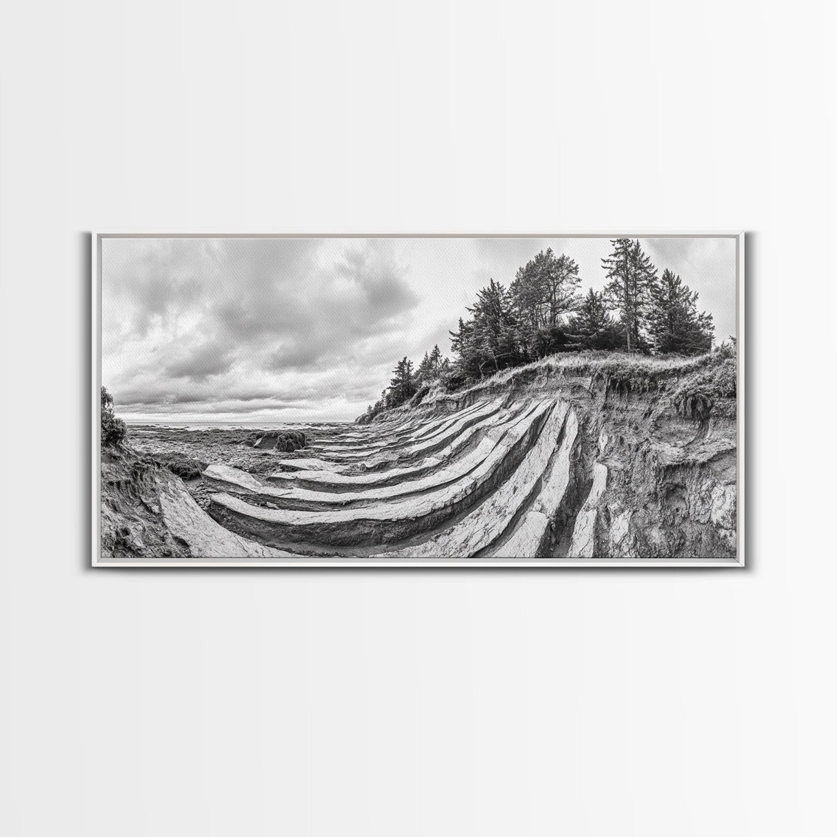 Striped Cliffs, Coastal Layers, Forest Edge, Earth Patterns, Framed Canvas Print, Nature Abstract Art, Bedroom Wall Decor