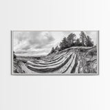Striped Cliffs, Coastal Layers, Forest Edge, Earth Patterns, Framed Canvas Print, Nature Abstract Art, Bedroom Wall Decor