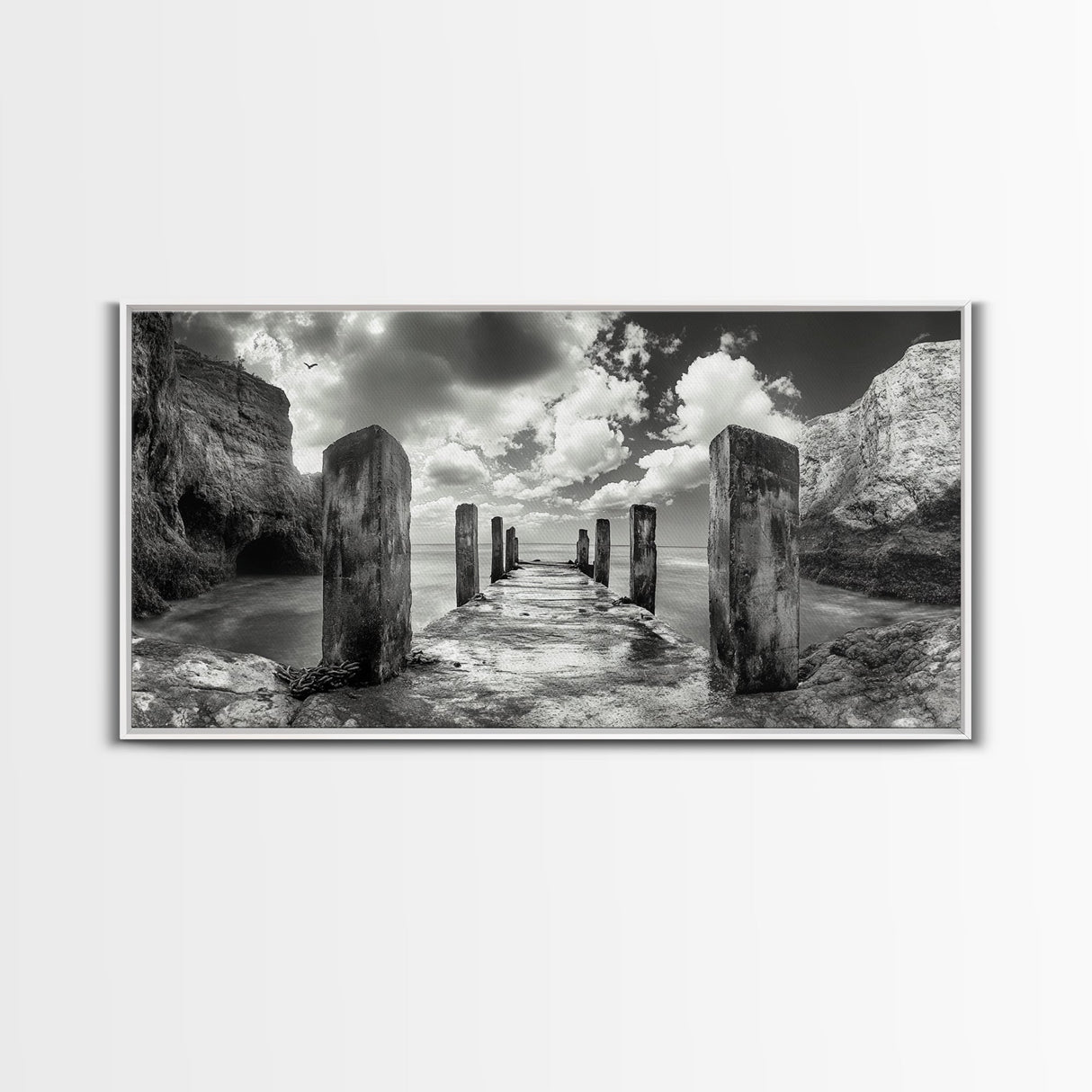Ocean Pier, Seaside Dock, Crashing Waves, Canvas Print, Dramatic Coastal Wall Art, Black And White Decor, Bathroom Or Hallway Photography