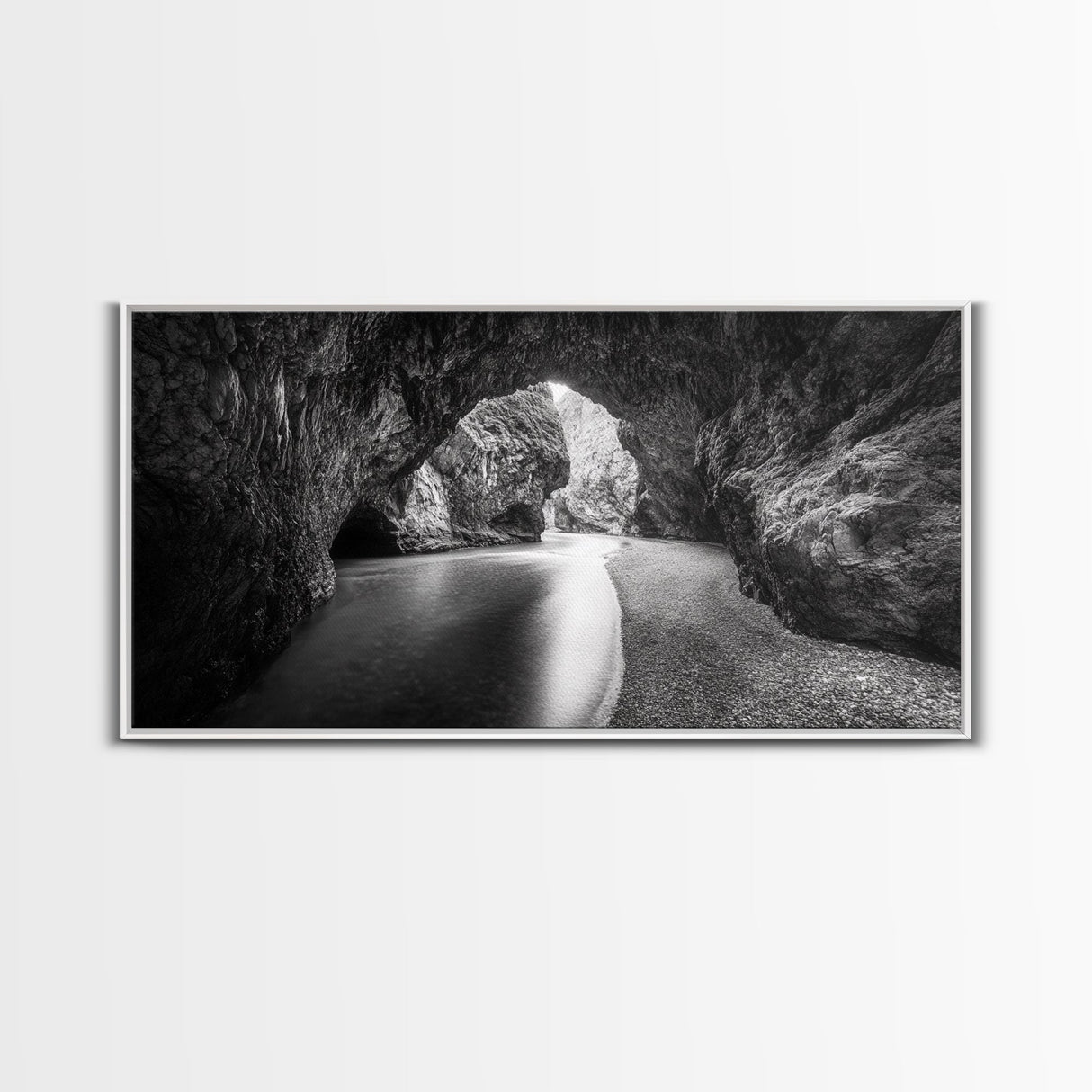 Ocean Cave Flow, Coastal Rock Wall Art, Moody Nature Seascape, Black White Beach Decor, Boho Bathroom Accent, Canvas Print, Monochrome Art