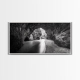 Ocean Cave Flow, Coastal Rock Wall Art, Moody Nature Seascape, Black White Beach Decor, Boho Bathroom Accent, Canvas Print, Monochrome Art