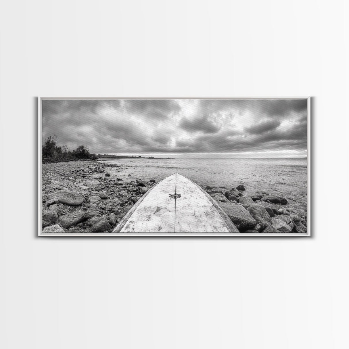 Surfboard, Rocky Shore, Cloudy Sea, Coastal Adventure, Beach Aesthetic, Canvas Print, Minimalist Ocean Art, Nautical Wall Decor, Bathroom Wall Art