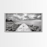 Surfboard, Rocky Shore, Cloudy Sea, Coastal Adventure, Beach Aesthetic, Canvas Print, Minimalist Ocean Art, Nautical Wall Decor, Bathroom Wall Art