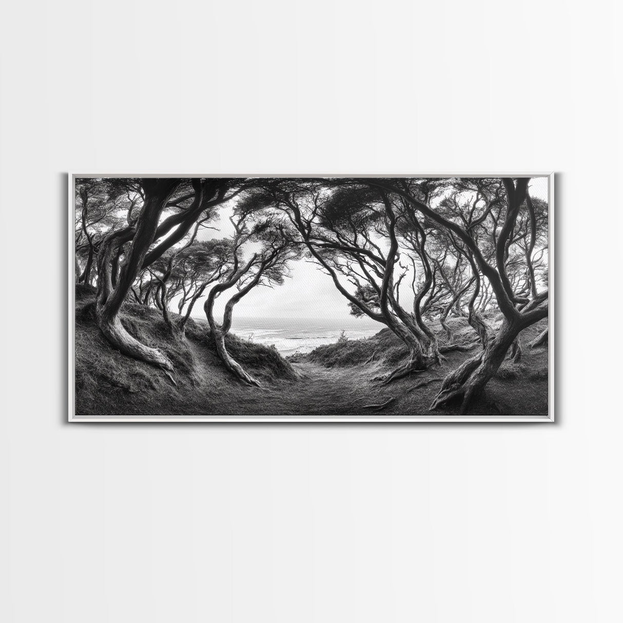 Coastal Trees, Windswept Forest, Ocean View, Framed Canvas Print, Boho Wall Art, Living Room Art, Nature Wall Decor, Monochrome Landscape