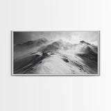 Snowy Peak, Windy Mountain, Winter Landscape, Framed Canvas Print, Black and White Art, Cabin Wall Decor, Moody Alpine Art, Rustic Wall Art