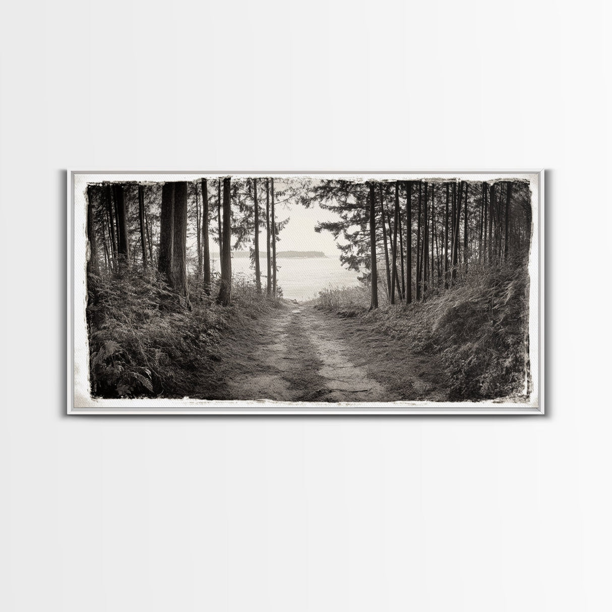 Forest Path, Island View, Vintage Border, Nature Trail, Canvas Print, Sepia Landscape Art, Entryway Wall Art, Woodland Photography Style