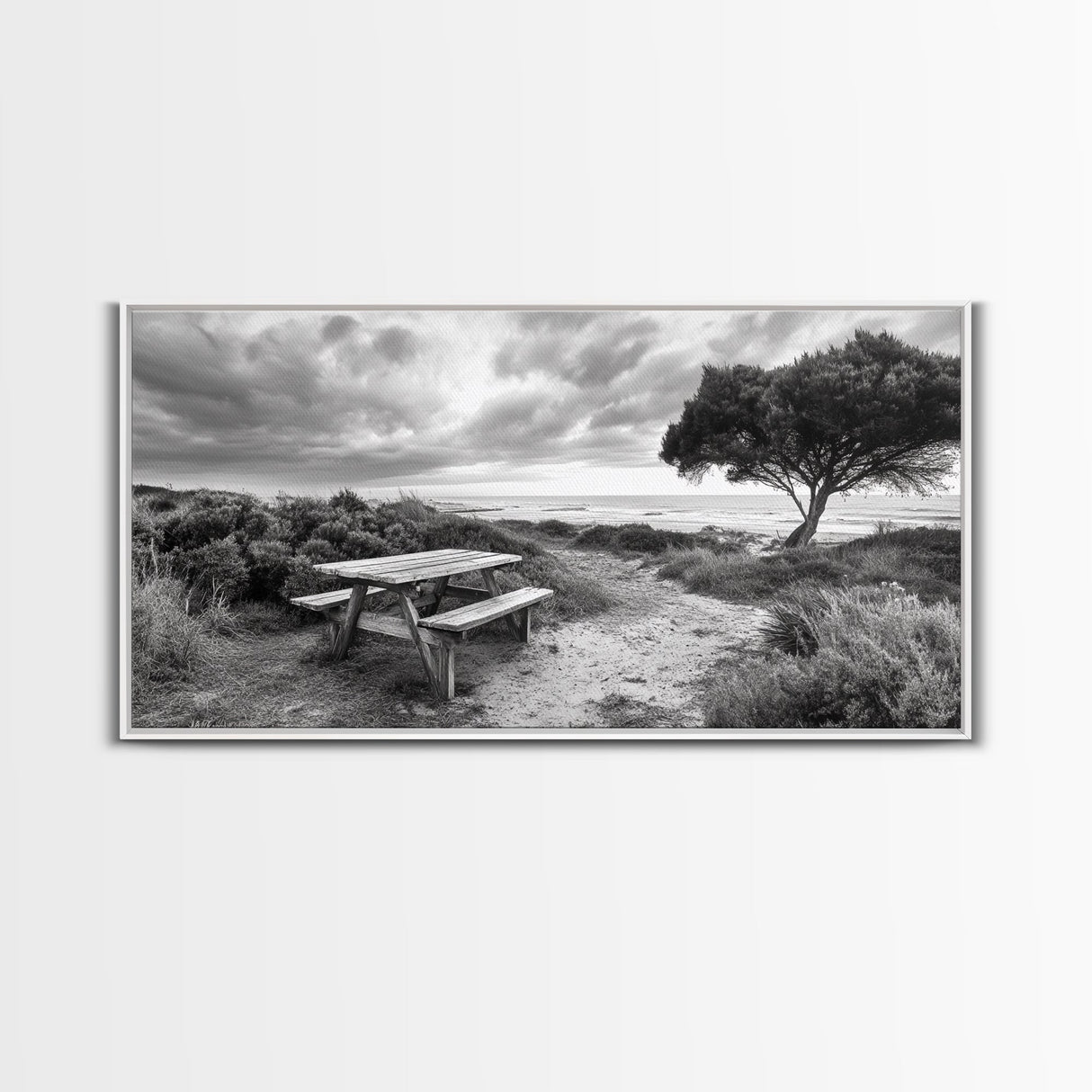 Picnic Table, Ocean Tree, Coastal Path, Windswept Scene, Framed Canvas Print, Rustic Wall Art, Fall Decor, Peaceful Beach Setting