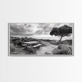Picnic Table, Ocean Tree, Coastal Path, Windswept Scene, Framed Canvas Print, Rustic Wall Art, Fall Decor, Peaceful Beach Setting